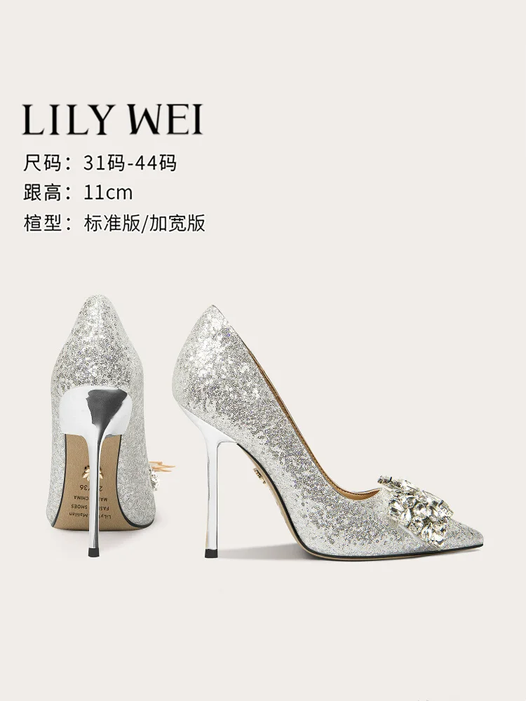 Frühling neue spitze flache Pailletten Kristall Leder Hochzeit Schuhe dünne hochhackige Bankett große Größe kleine Damenschuhe