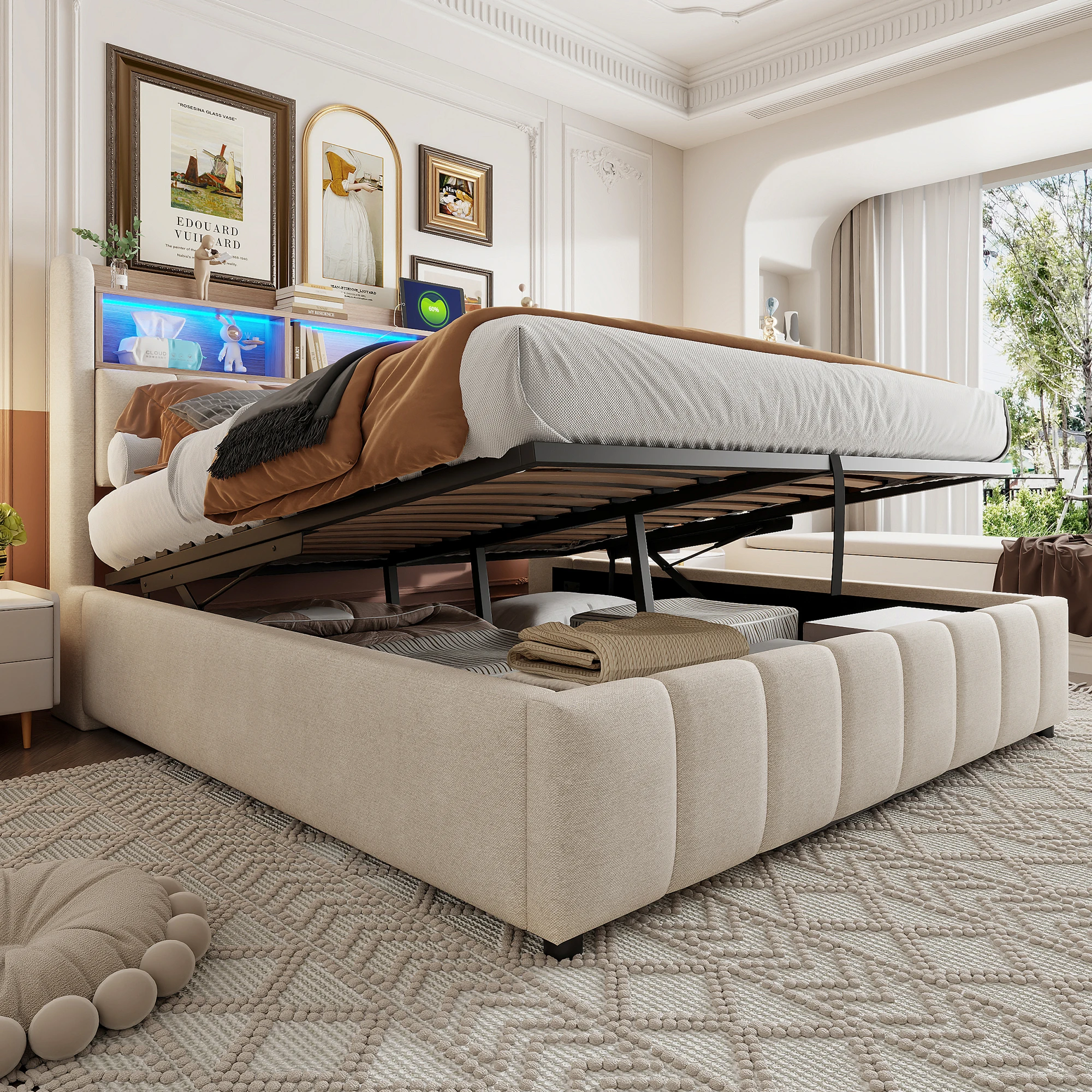 Gepolsterter Bettrahmen 180*200 cm mit hydraulischem Hebemechanismus, Doppelbett für Erwachsene, beige Leinenstoff Image