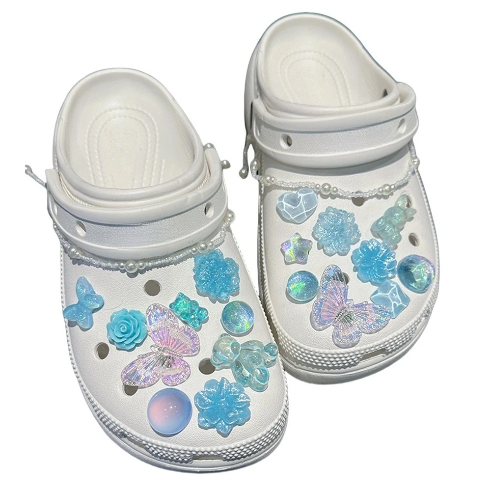18-teiliges Blaues Schmetterlings-Schuh-Charms-Set, Elegante Blumen-Schuh-Accessoires für Mädchen, DIY-Geschenk für Lochschuhe