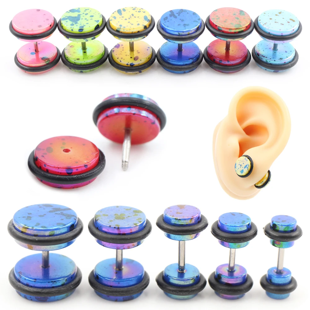 Alisouy 2 Stück runde bunte gepunktete Acryl-Ohrringe für Männer und Frauen, Unisex, Hantel-Ohrstecker, Tragus-Helix-Piercing-Schmuck Image