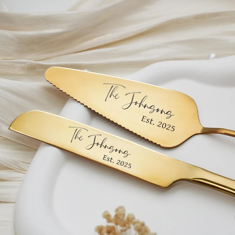 4-teiliges Personalisiertes Graviertes Hochzeitstortenbesteck-Set Gold/Silber Individuelles Geschenk für Braut Geburtstagsfeier Dinner-Dekoration Image