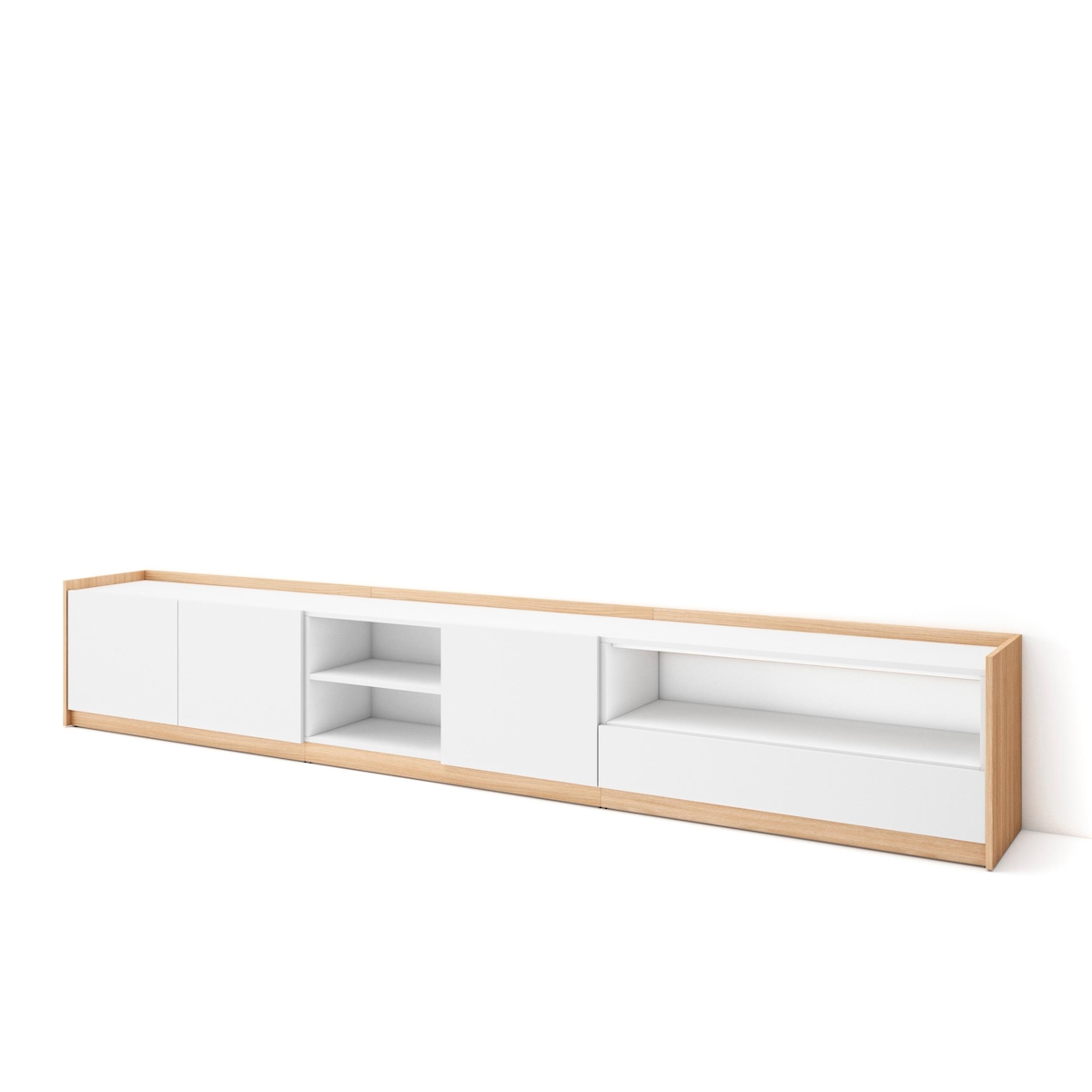 SKRAUT HOME TV-Schrank, Lowboard, für Wohnzimmer und Esszimmer, 310x50x37 cm, Für TV-Geräte bis zu 80", Fernsehtisch, Moderner Stil, Weiß und Eiche Soft Image