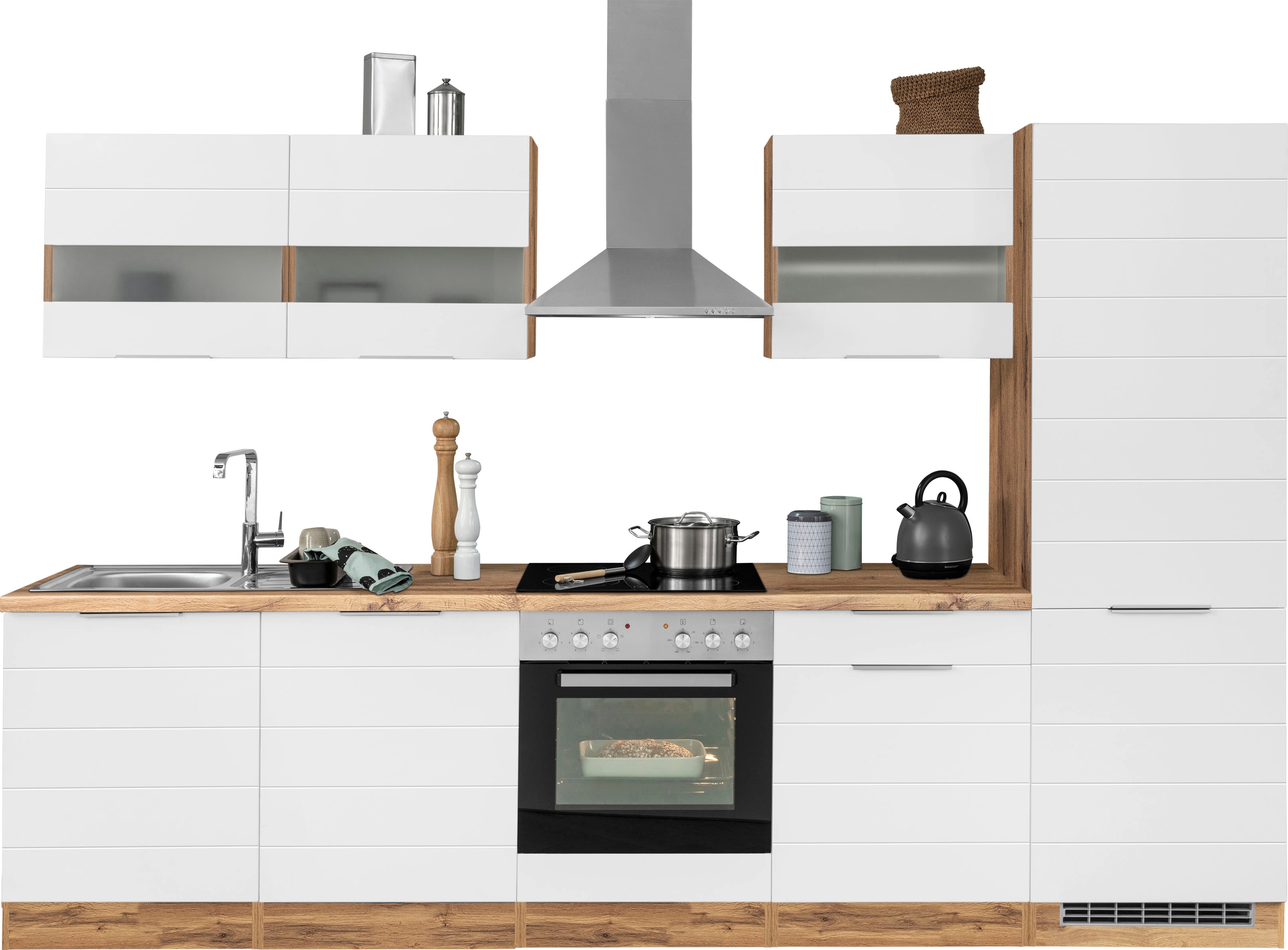 Küchenzeile KOCHSTATION "KS-Luhe", weiß (küche: weiß, front: weiß matt, korpus: wotaneichefarben, arbeitsplatte: wotaneichefarben), B:300cm T:60cm, Komplettküchen-Sets, Küchenzeile, 300 cm breit, wahlweise mit oder ohne E-Geräten, gefräste MDF-Fronten Image