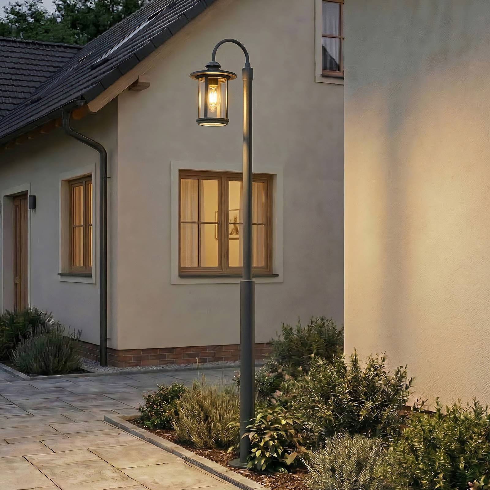 Lindby Zayn outdoor light, black, 1-bulb, height 220 cm, IP65 Lindby, dimmable, Black, Aluminium, Antique, Post Light