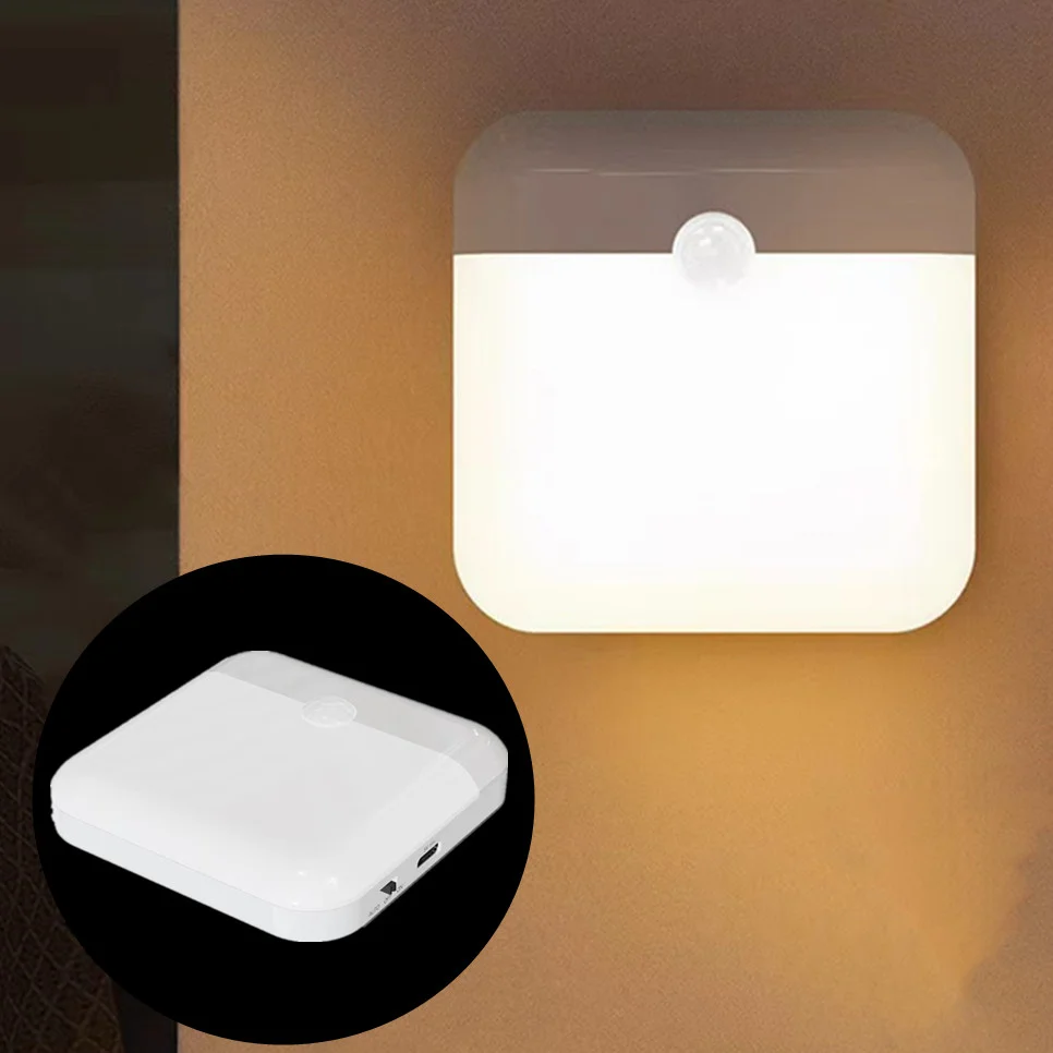 Sensore di movimento PIR luce notturna a LED USB ricaricabile Withswitch lampada da notte per camera da letto luce dell'armadio da cucina luce dell'armadio senza fili