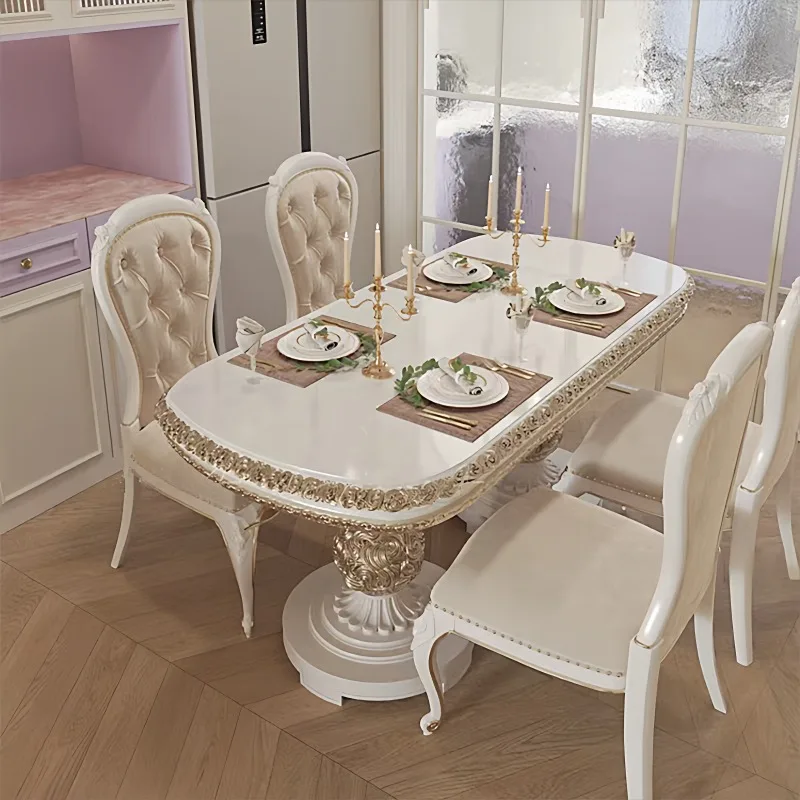 Französischer Esstisch und Stühle aus massivem Holz, amerikanischer ovaler Esstisch mit Schnitzereien im leichten Luxus-Stil, moderner, schlichter Esstisch für das Wohnzimmer