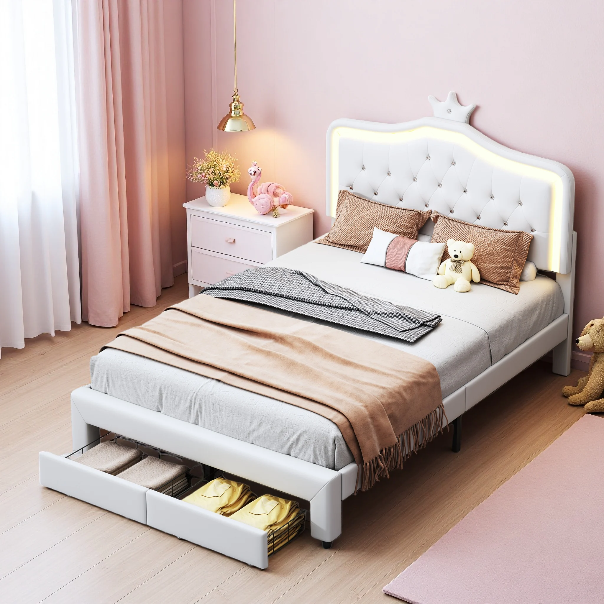 Comanlai Polsterbett mit Kronenförmigem LED-Kopfteil Aufbewahrungsschublade Doppelbett Einzelbettgestell für Mädchen Kinder Image