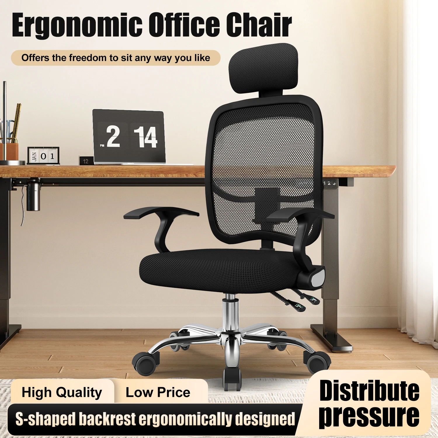 Daccormax Ergonomischer Bürostuhl, Mehrpunktstütze, verstellbare Rückenlehne aus atmungsaktivem Netzstoff, drehbarer Computer-Schreibtischstuhl mit Kopfstütze Image