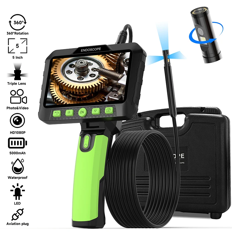 360 ° Automatisch drehbares Endoskop, 5-Zoll-Bildschirm, HD1080P-Video, Dual-/Dreifachkamera, wasserdichtes Auto-Inspektions-Boreskop mit Werkzeugkoffer Image