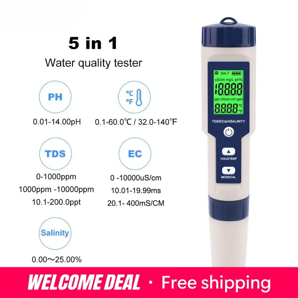 Hochpräzises 5-in-1 PH TDS EC Salzgehalt Temperaturmessgerät Digitaler Wasserqualitätstester für Aquarium Pool Trinkwasser Image