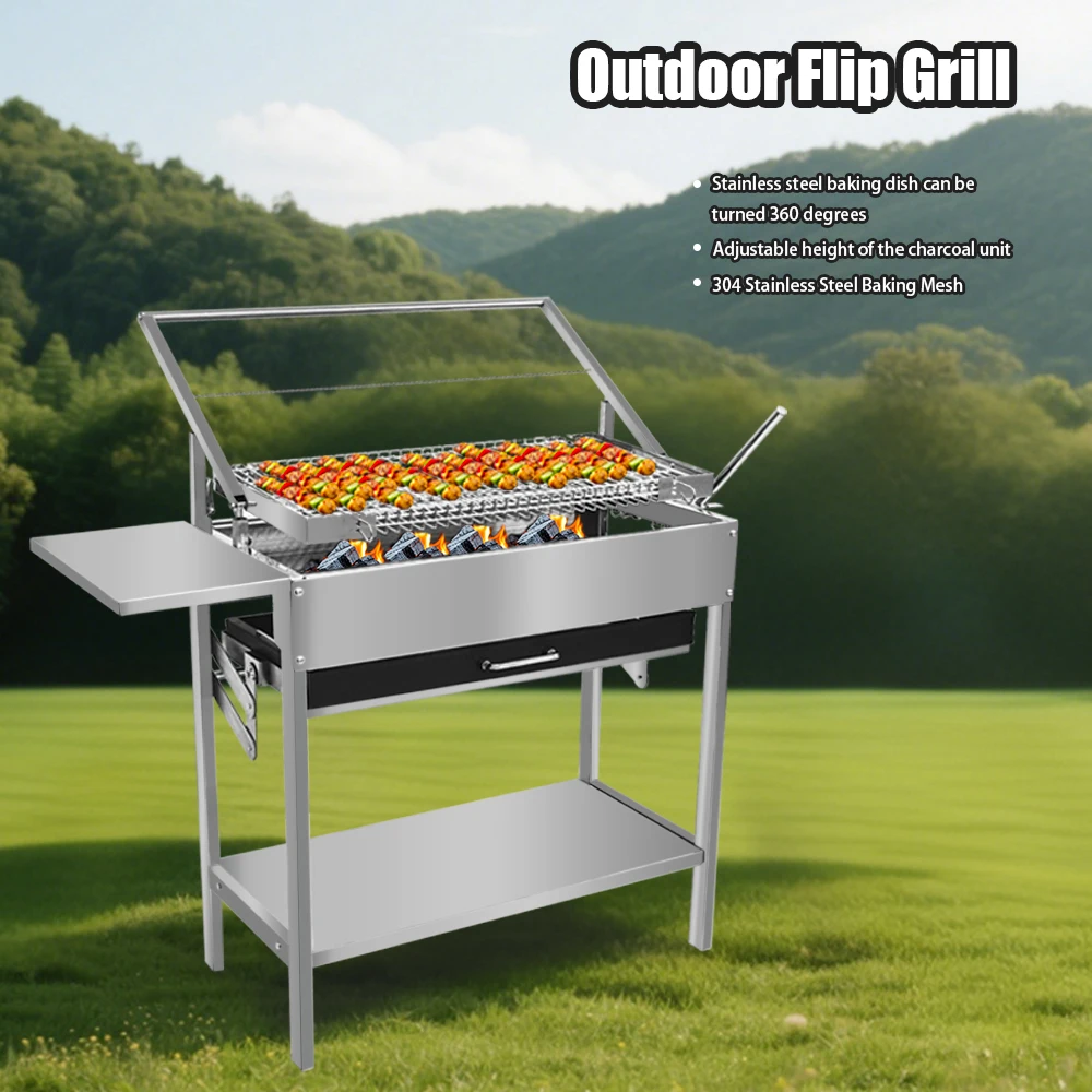 Outdoor Kochen Tragbare Verstellbare Falten Edelstahl Korb Net Rotierenden Holzkohle Flip BBQ Grill Werkzeug Image