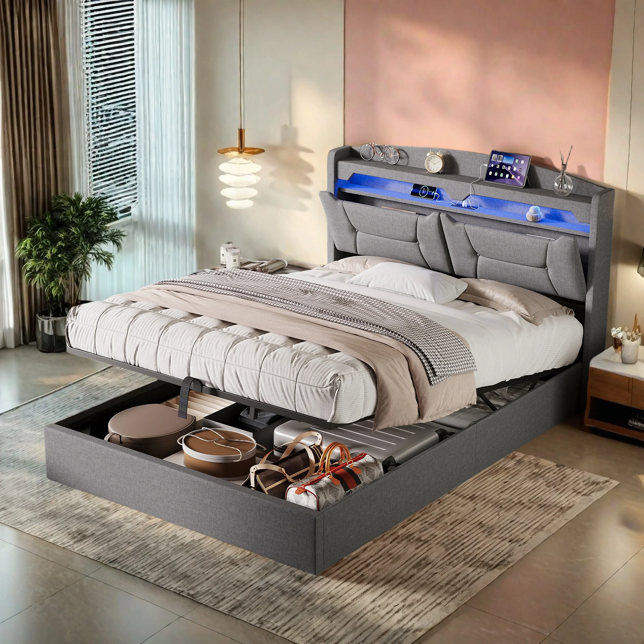 Superaly 140x190cm Polster-Doppelbett, Hydraulisches Bett, Bett mit Stauraum und USB-Kopfteil, Leinen, Hellgrau Image