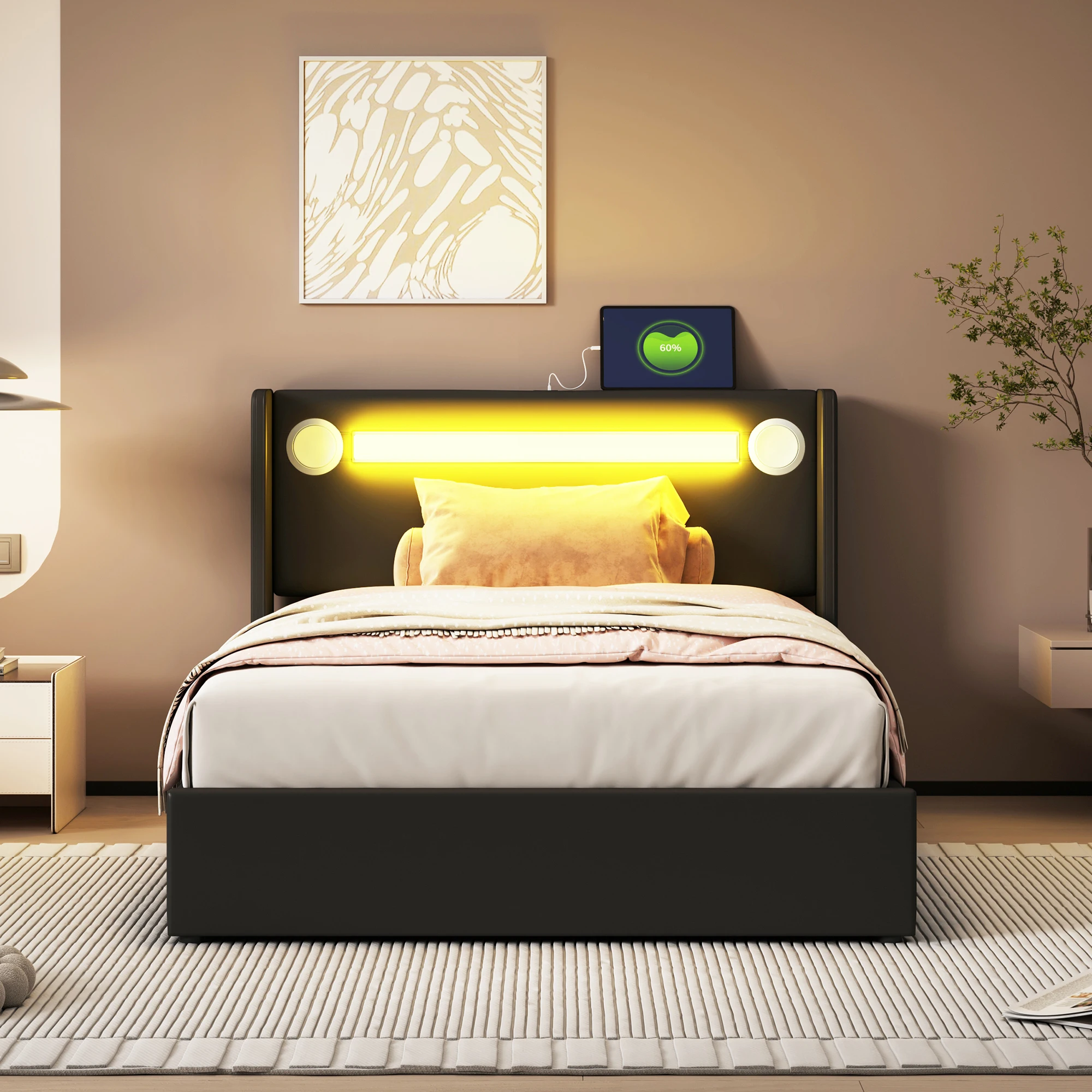 KOMHTOM PU Leder Polsterbett 90x200 cm Hochbettkasten Aufbewahrungsbett mit LED Lichtleiste Bluetooth Player USB Aufladung Image