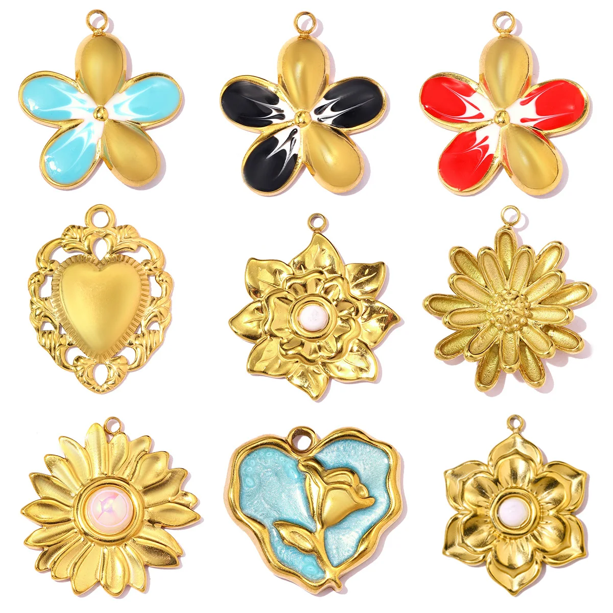 3 Stück/Set Edelstahl ABS Perlen Gänseblümchen DIY Armband Anhänger Blumen Herz Halskette Anhänger Damen Liebes-Rosen-Schmuck Großhandel Image