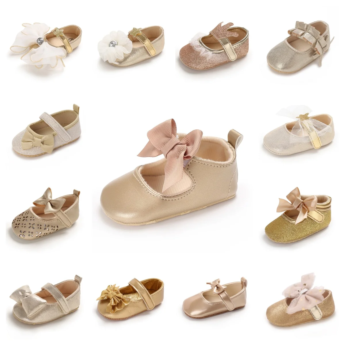 Goldene Babyschuhe für Mädchen von 0-18 Monaten, niedliche flache Schuhe mit Schleife, weiche Sohle, Prinzessinnen-Lauflernschuhe, formelle Babyschuhe