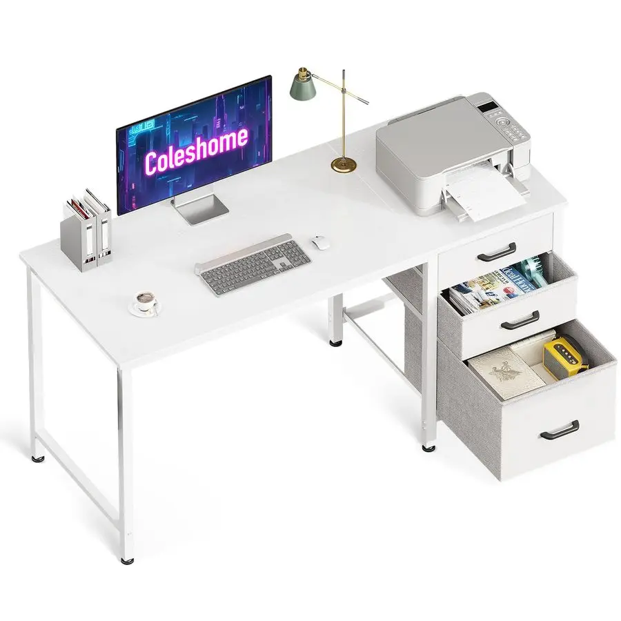 Schreibtisch mit 3 Stoffschubladen, 120x48cm, geräumiger Schreibtisch mit Kopfhörerhalter, weißer, umkehrbarer Computertisch für das Home Office Image
