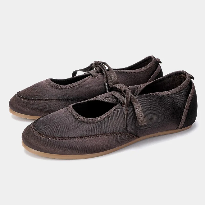 2025 herbst Frauen Ballerinas Hohe Qualität Satin Vintage Braun Bequeme Runde Kappe Lace Up Sport Stil Freizeit Damen Schuhe
