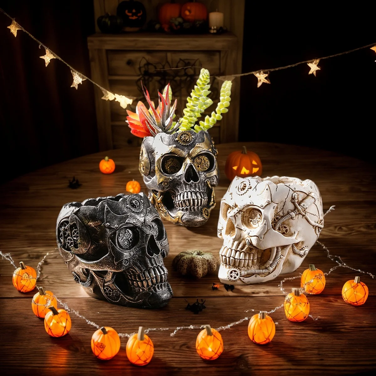 1 Stück, mechanische Vasen im Halloween-Party-Punk-Stil in Weiß, Schwarzgold und Silberschwarz in Totenkopfform