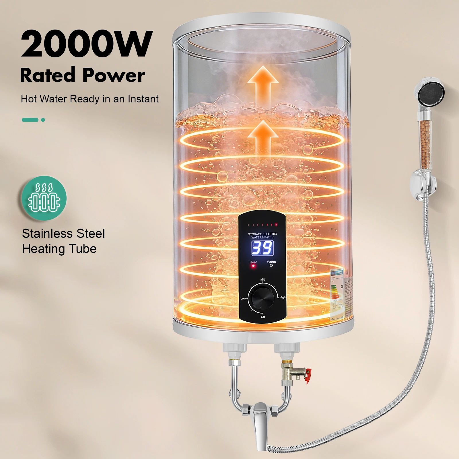 6,6 Gallonen elektrischer Warmwasserbereiter, 2000 W, schnell aufheizender vertikaler Heizkörper mit Duschset für Zuhause, Badezimmer, Salon, EU-Stecker Image