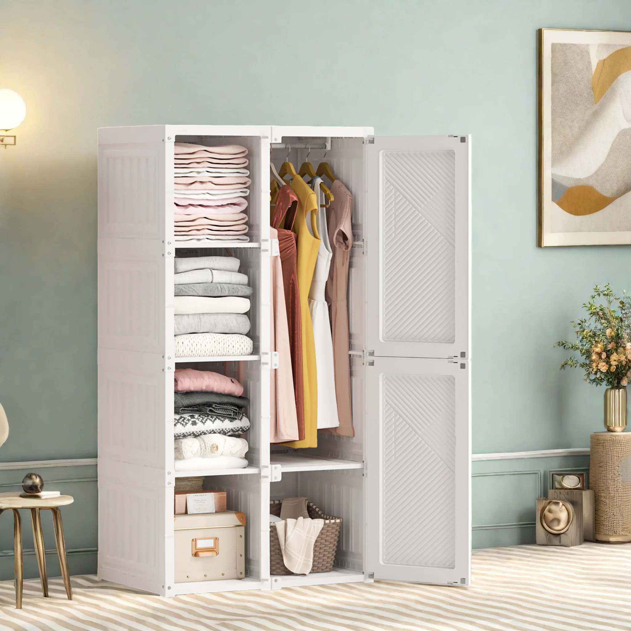 Comanlia Tragbarer Kleiderschrank, Faltbarer Mehrzweckschrank mit 5 Fächern, 1 Kleiderstange und Magnetischen Türen, Weiß, 69x50x136cm