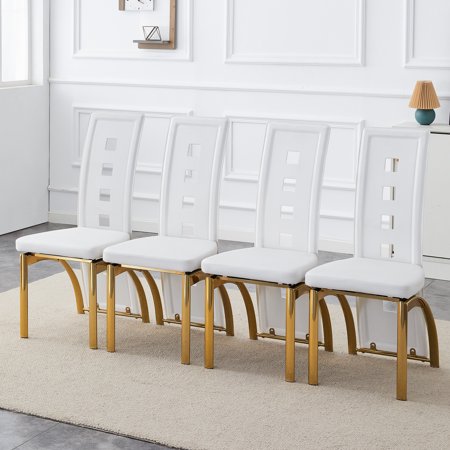 Modern Dining Chairs Set of 4 White Dining Room Chairs Set of 4 Upholstered PU Leather Kitchen Chairs with Gold Metal Legs High Backrest Armless Seating for Kitchen Dining Room