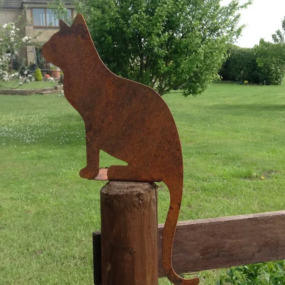 Décoration de jardin en métal rouillé en forme de chat, œuvre d'art de jardin en métal rouillé, ornement de jardin chat assis, cadeau pour les amoureux des chats, pour patio, pelouse et jardin