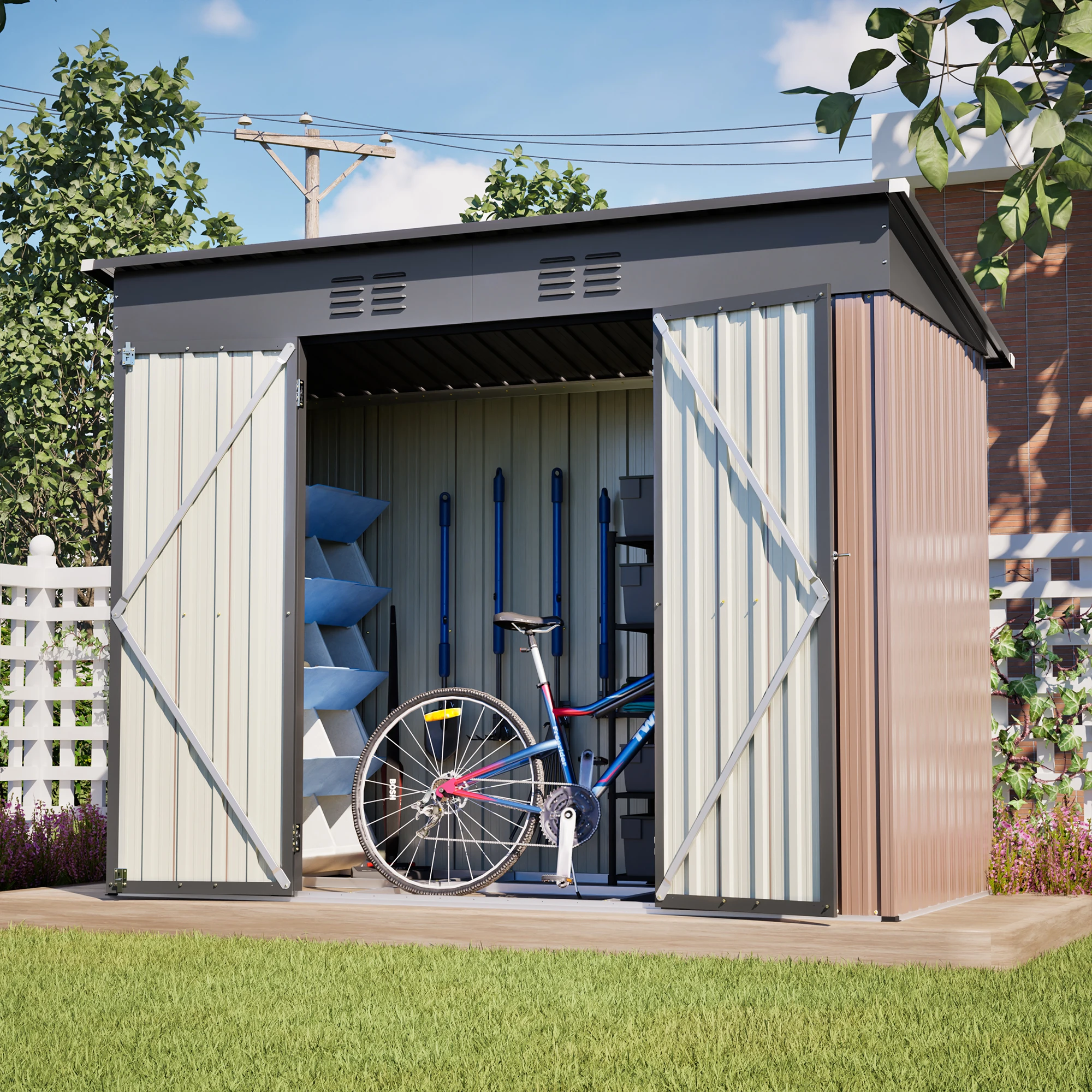 Abri de jardin en métal 8x4 pieds avec sol en métal robuste, abri de jardin résistant aux intempéries pour jardin et terrasse, maison de jardin spacieuse