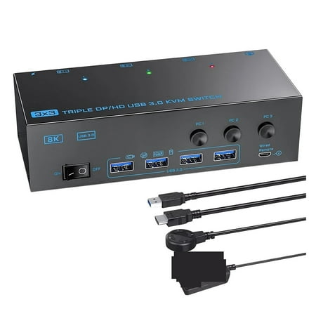 KVM Switch 3 Computers 3 Monitors -compatible+ DisplayPort USB 3.0 KVM Switcher 8K60Hz/4k144Hz Triple Monitor DP KVM