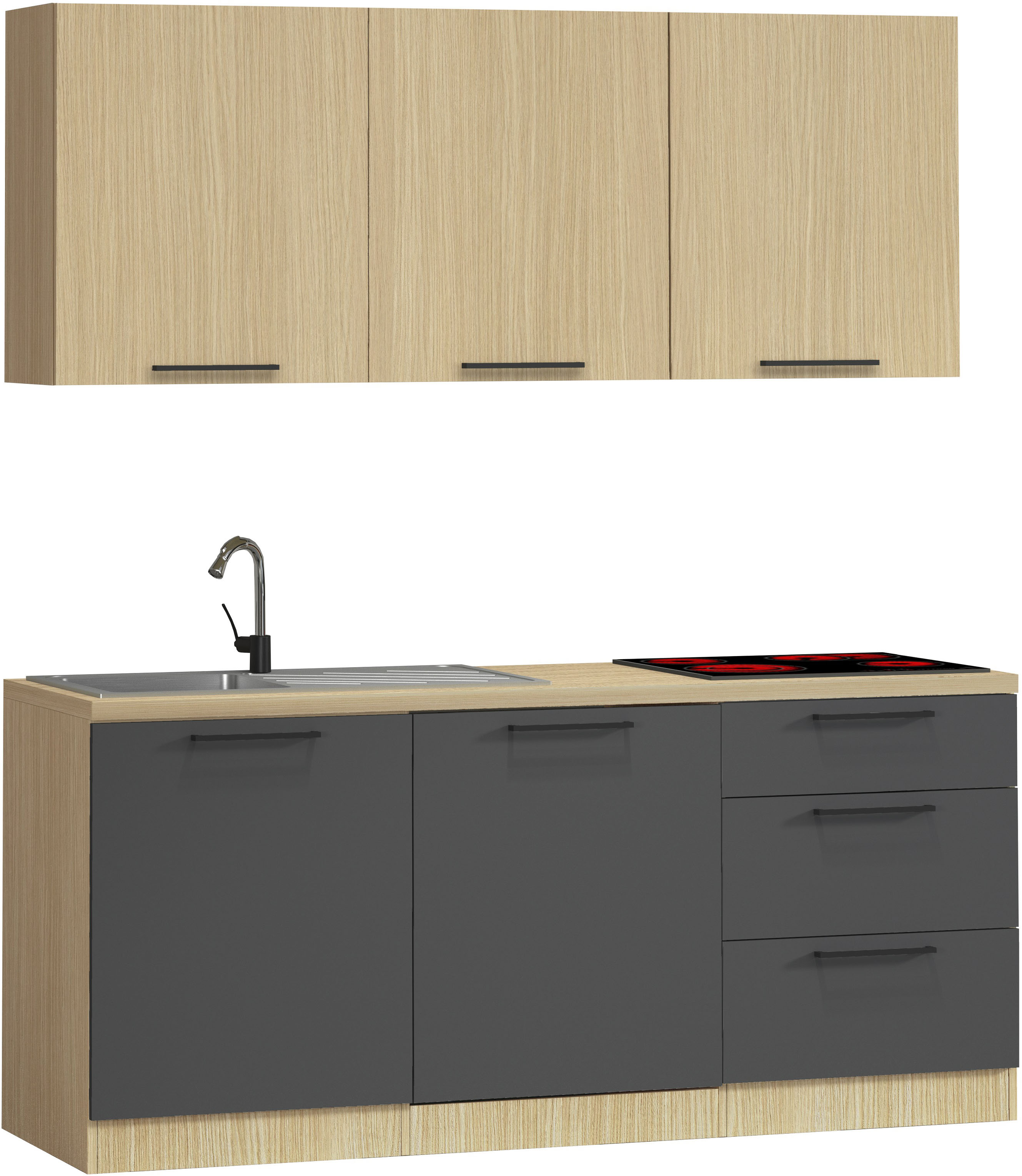 Küchenzeile KOCHSTATION "Luna, Küchenzeile mit Spüle + Siphon, ohne E-Geräte", küche: grau, front: anthrazit, korpus: eiche chopinfarben, arbeitsplatte: eiche chopinfarben, B:180cm T:60cm, Komplettküchen-Sets, Küchenzeile, Breite 182 cm,Türen mit... Image