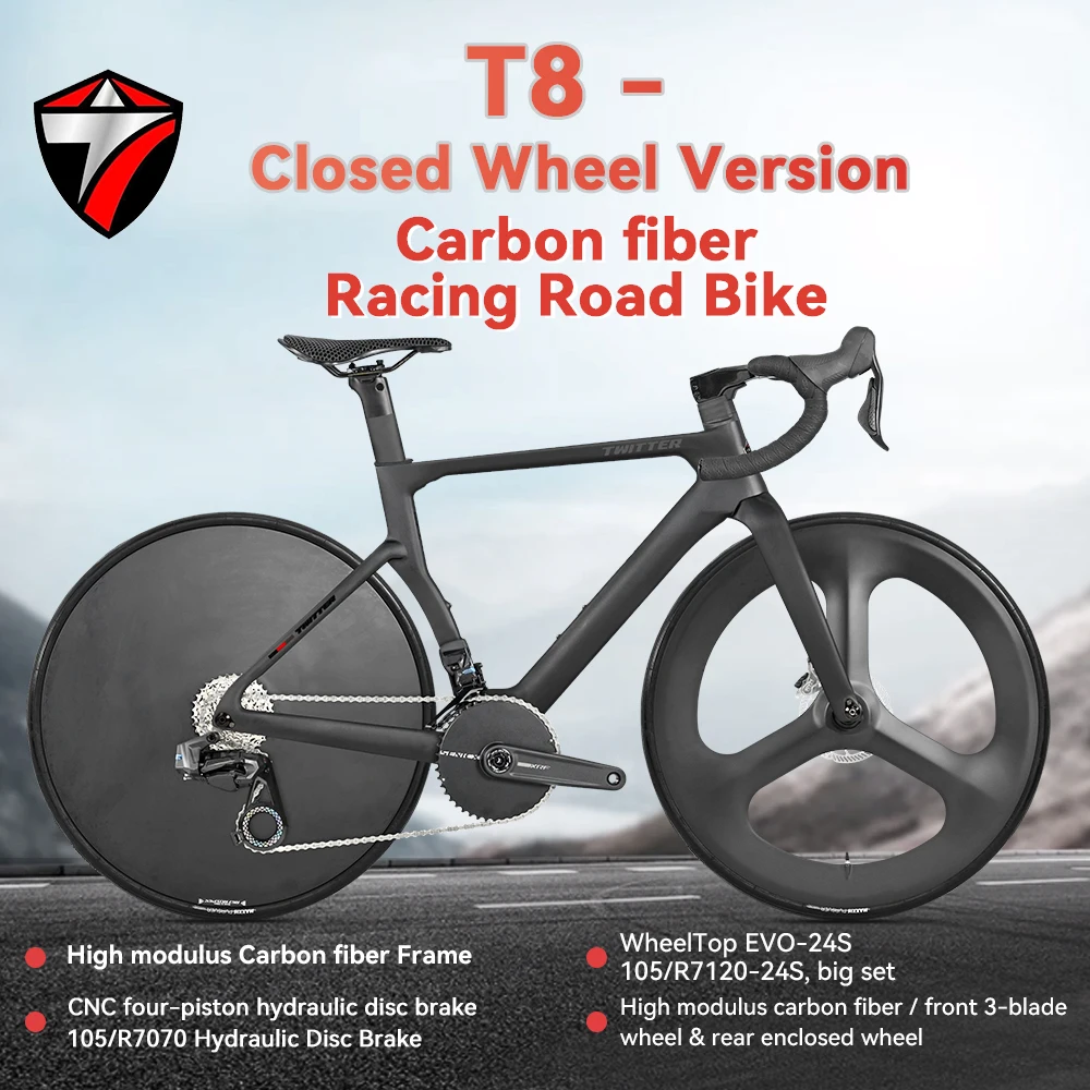 Bicicletta da Strada TWITTER T8 in Fibra di Carbonio con Gruppo Elettronico a 24 Velocità e Freni a Disco Idraulici, Unisex per Adulti