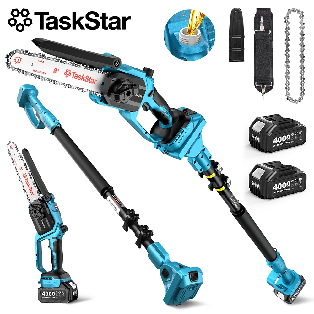 TaskStar 2-in-1 Sega a palo senza fili da 8 pollici 21V 4000mAh Alimentata a batteria Potatore telescopico Motosega elettrica per potatura e taglio di rami, compatibile con batterie Makita 18V