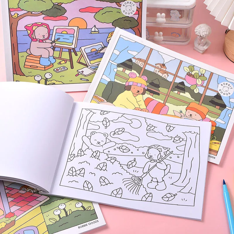 Libro da Colorare Bobby Bear - Viaggio dal Giorno alla Notte, Libro Artistico Antistress per Bambini, Libro da Colorare e Disegnare per Adulti