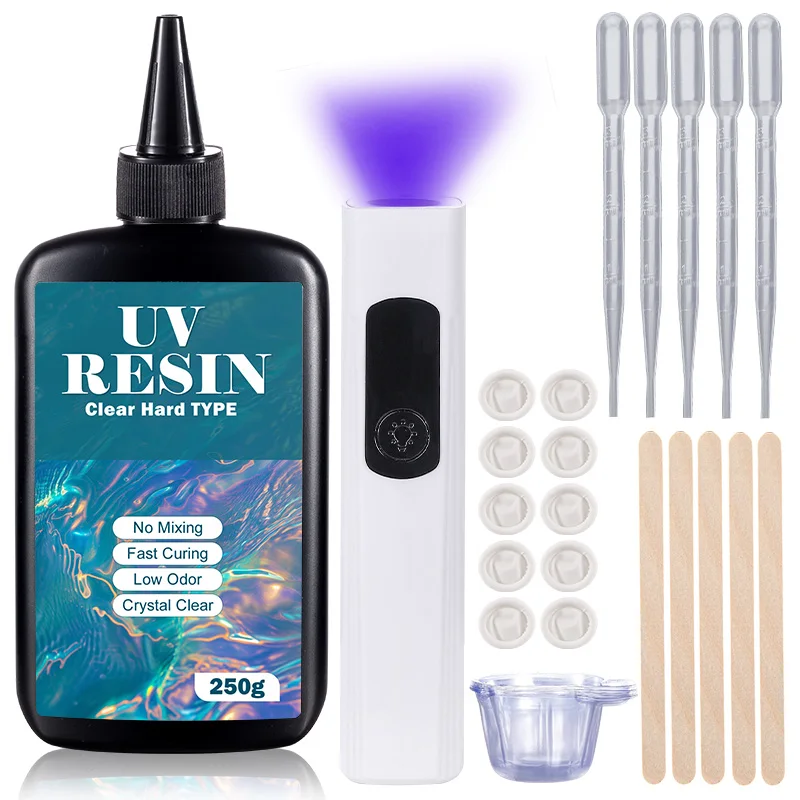 Kit in resina UV con luce di tipo duro aggiornato, resina UV per polimerizzazione ultravioletta cristallina, per creazione di gioielli fai da te, fusione di stampi