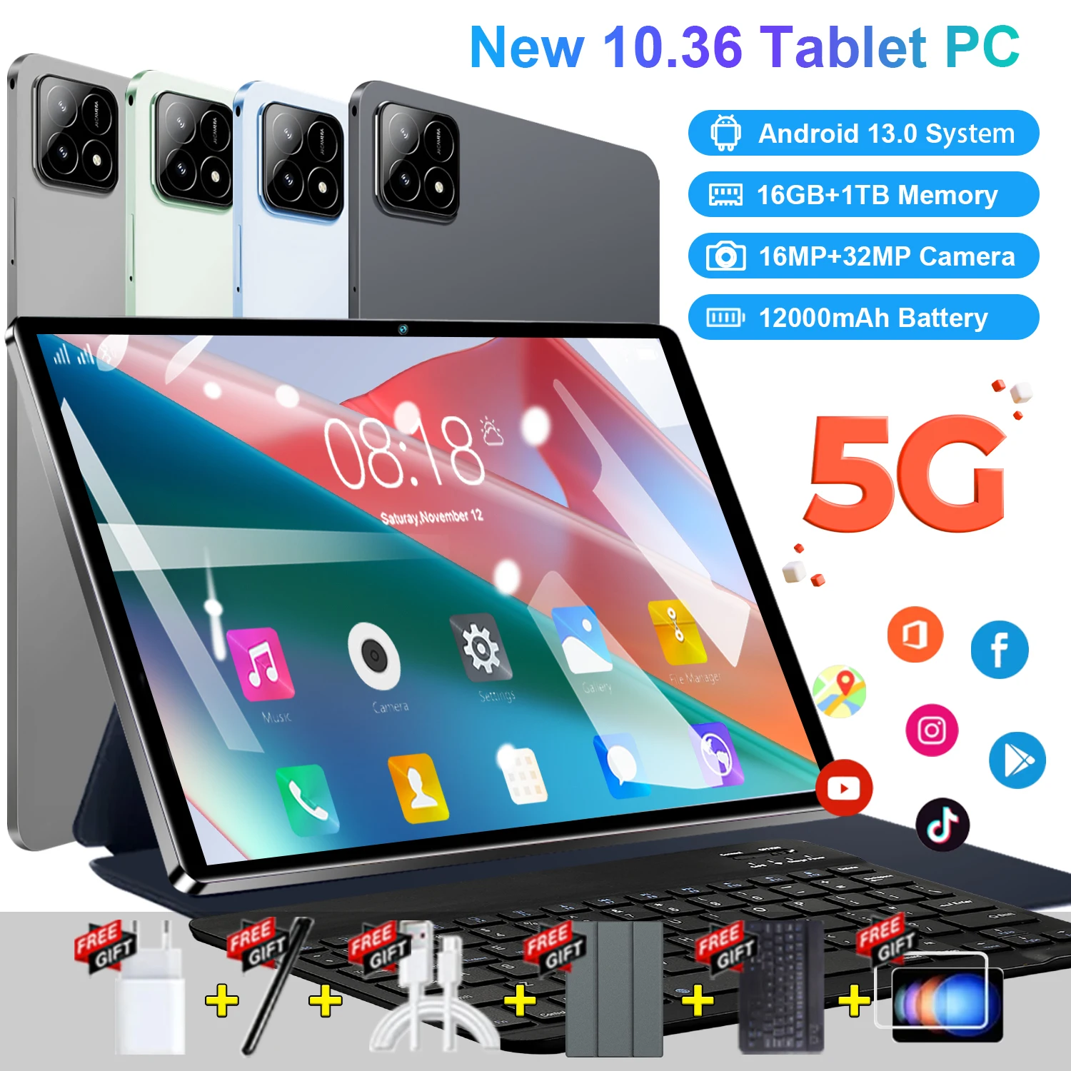 Tablet Android 13.0 2025 Nuovo 5G Globale 10 Core 16GB RAM 1TB ROM 20000mAh Display HD da 10.36 Pollici Doppia Fotocamera 16MP+32MP Dual SIM