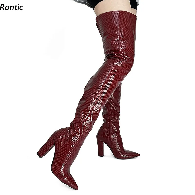 Rontic Neue Ankunft Frauen Winter Oberschenkel Stiefel Platz High Heels Spitz Ziemlich Weinrot Party Schuhe UNS Größe 5-20