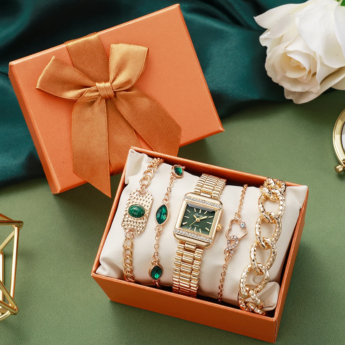 Luxuriöses Gold-Grün-Zifferblatt-Uhren- und Schmuckset – Strassbesetzte quadratische Uhr, Armbänder mit Malachit- und Herzanhängern, eleganter Vintage-Look