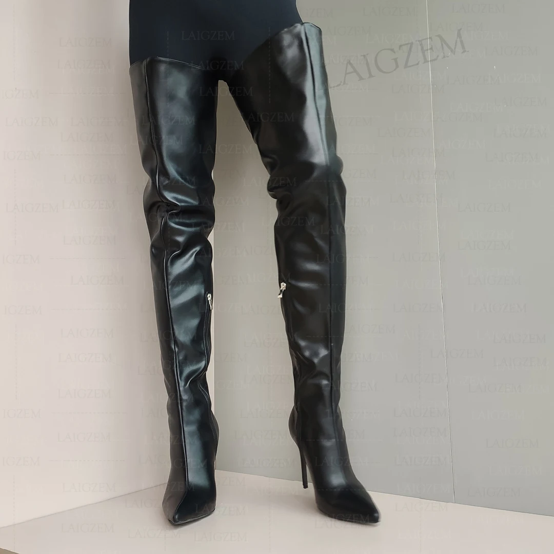 BERZIMER Damen Overknee-Stiefel mit seitlichem Reißverschluss, Kunstleder, dünne hohe Absätze, hohe Stiefel über dem Knie, Damenschuhe, große Größen 40 45 47