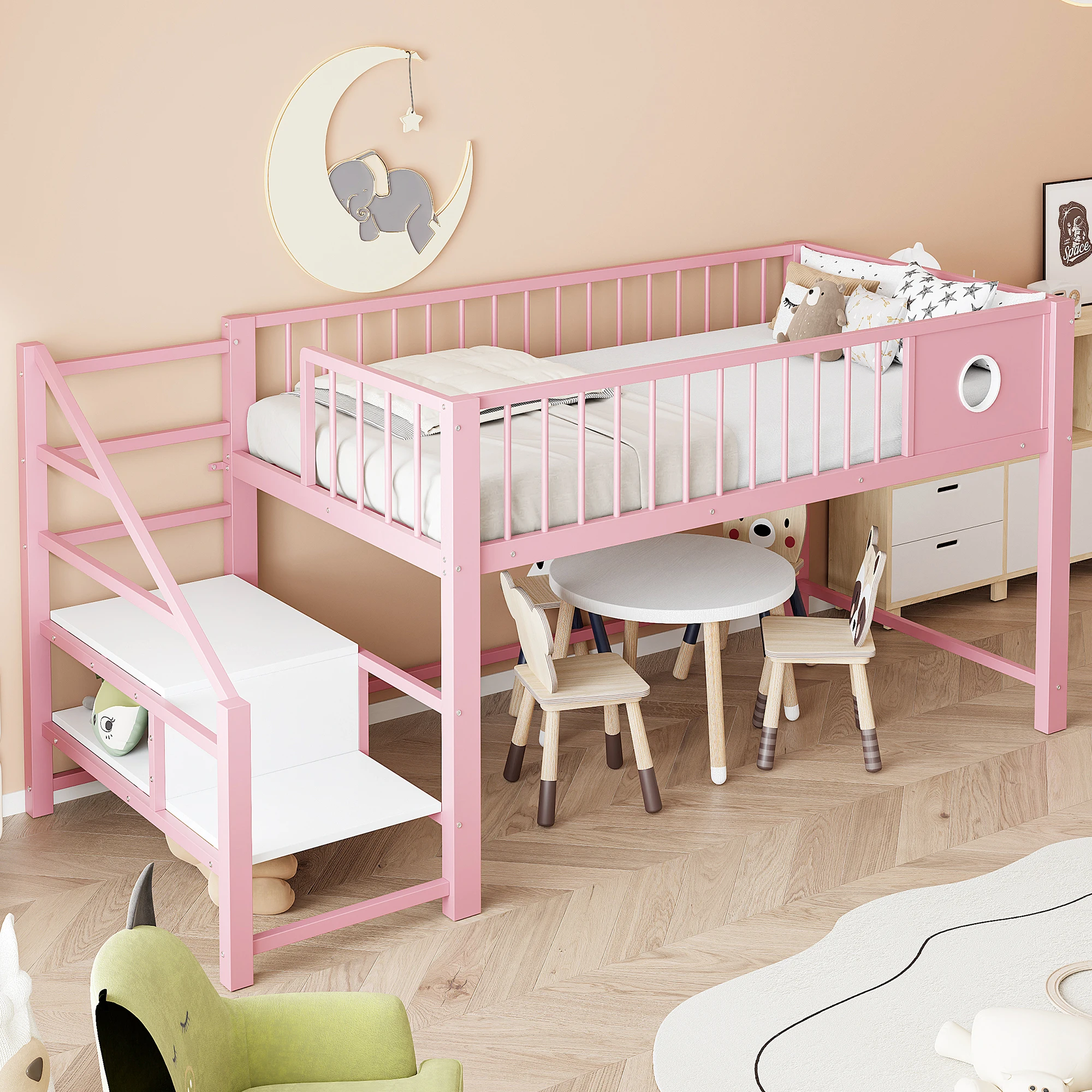 Niedriges Hochbett für Kinder (90 x 200 cm), mit Aufbewahrungsleiter, stabilem Metallrahmen, geeignet für Kinder und Jugendliche, Rosa Image