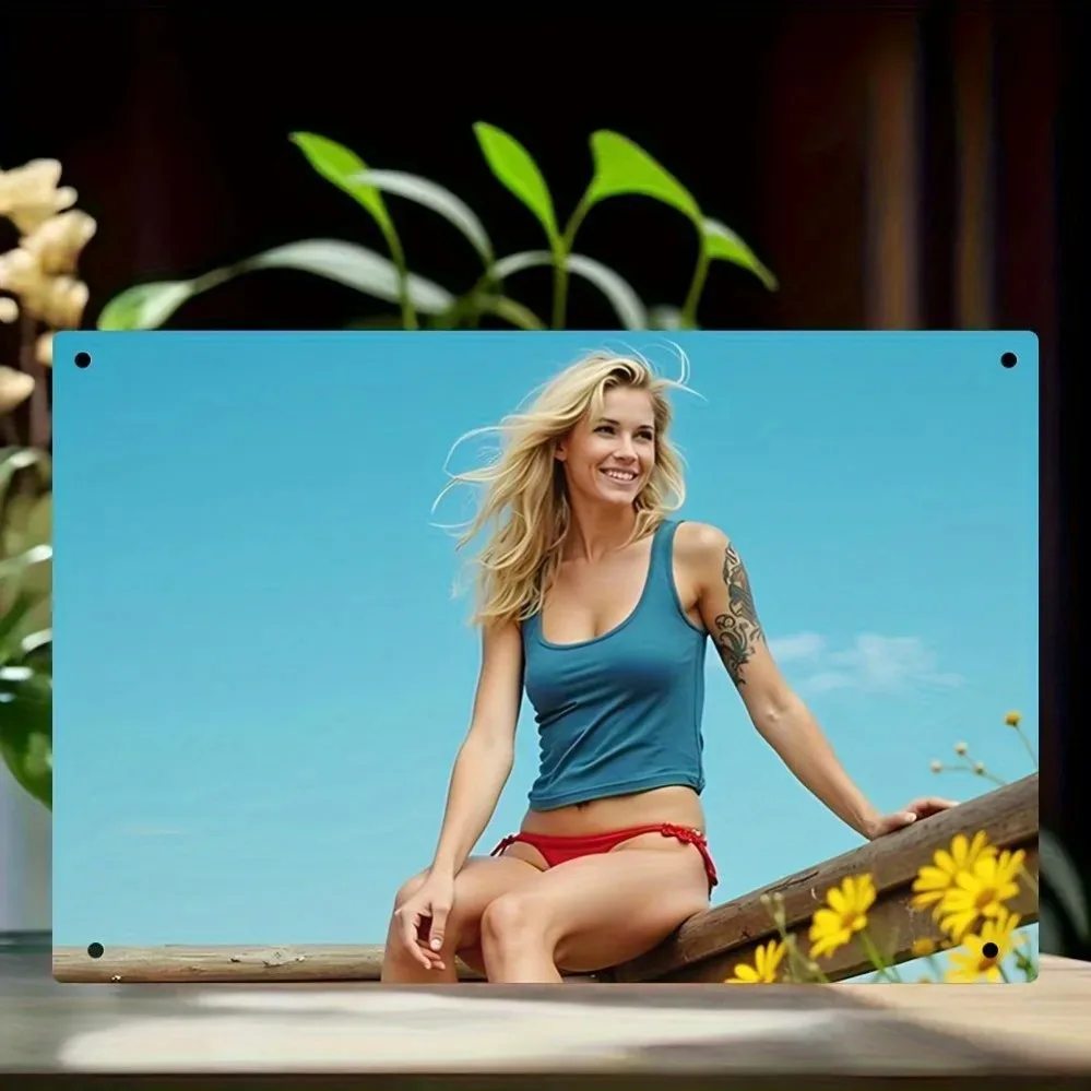 Vintage 8x12 Zoll Metall-Wandschild - Retro Blond-Haartrockner Türkis Eisenplakette für Heim Bar Café Dekoration