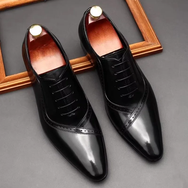 Hochwertige Herren-Lederschuhe aus Rindsleder im britischen Stil mit spitzer Zehenpartie, Schnürung und echtem Leder, Oxford-Schuhe für formelle Anlässe.