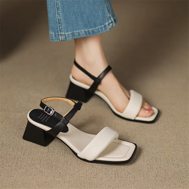 Neue Sommer Sandalen Aus Echtem Leder Frauen Schuhe Karree Sandalen für Frauen Mode Mischfarbe Chunky Heels Sandalen High Heels