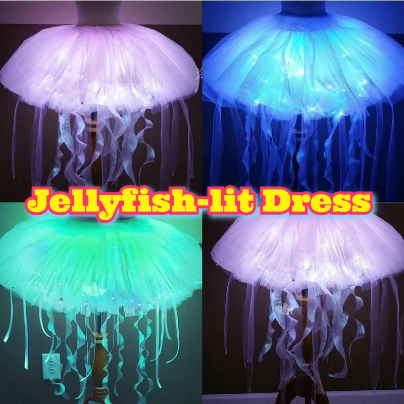 Leuchtendes LED-Kleid mit Quallen- und Hasenmuster, Leuchtender Rock, Warmes Komfortables Outfit für Musikfestivals, Clubs, Disco-Partys und Raves Image