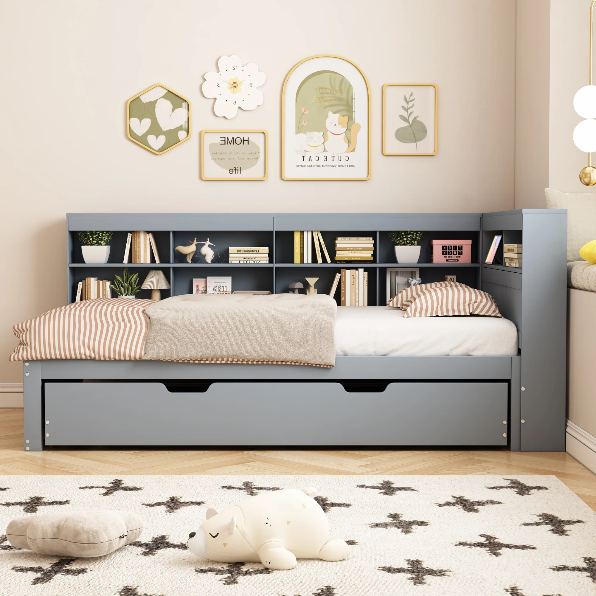 KOMHTOM Multifunktions Massivholzbett Schlafsofa 90x200 mit ausziehbarem Bett 90x190 USB Steckdose und mehreren Ablagefächern Image