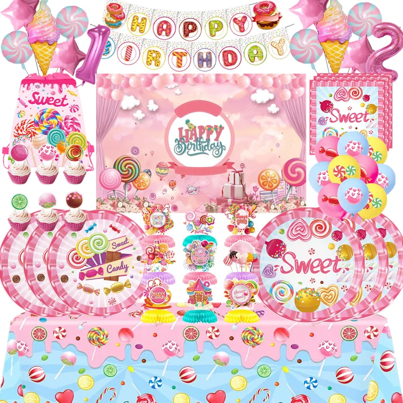 Süße Lollipop Thema Geschirr Sets Einweg Süßigkeiten Teller Tassen Tischdecke Mädchen Geburtstag Party Dekorationen Kinder Baby Dusche Image