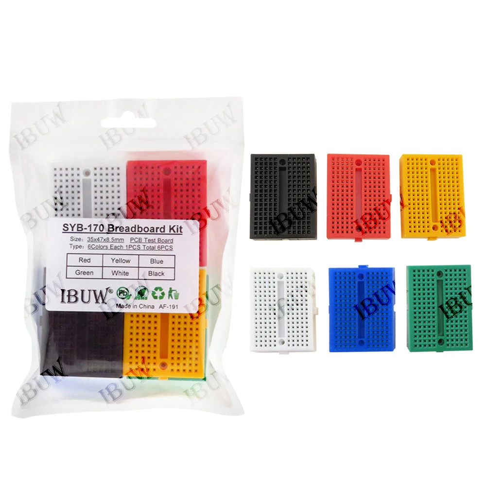 SYB-170 Universelles Lötfreies Prototyp-Steckbrett 170 Verbindungspunkte Mini-Steckbrett-Set Rot Gelb Blau Grün Weiß Schwarz je 1 Stück DIY Image