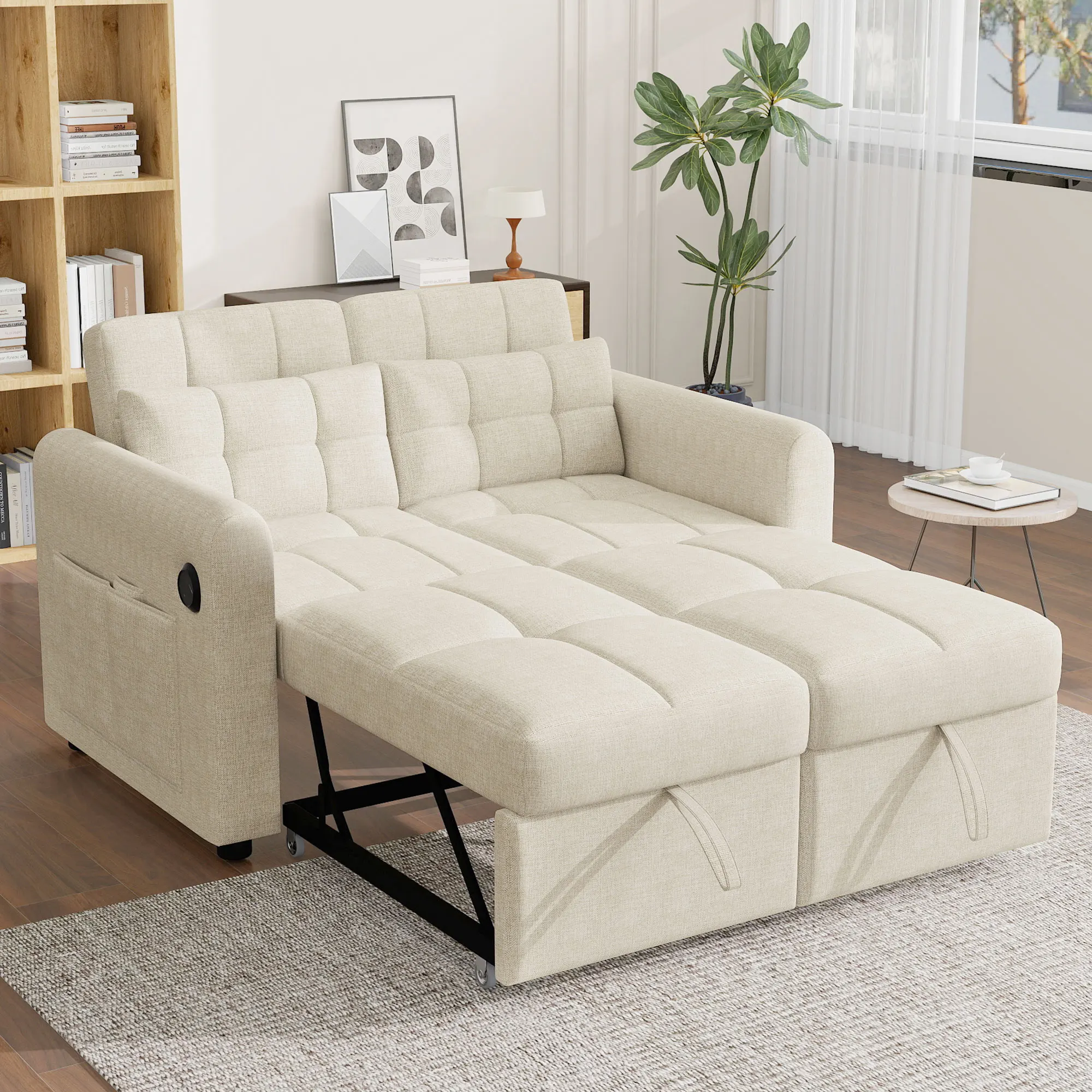 Schlafsofa Zweisitzer, Klapp- & Ausziehbett, für 2 Personen, Multifunktionssofa, Rückenlehne, Armlehnentaschen, Kissen, Beige
