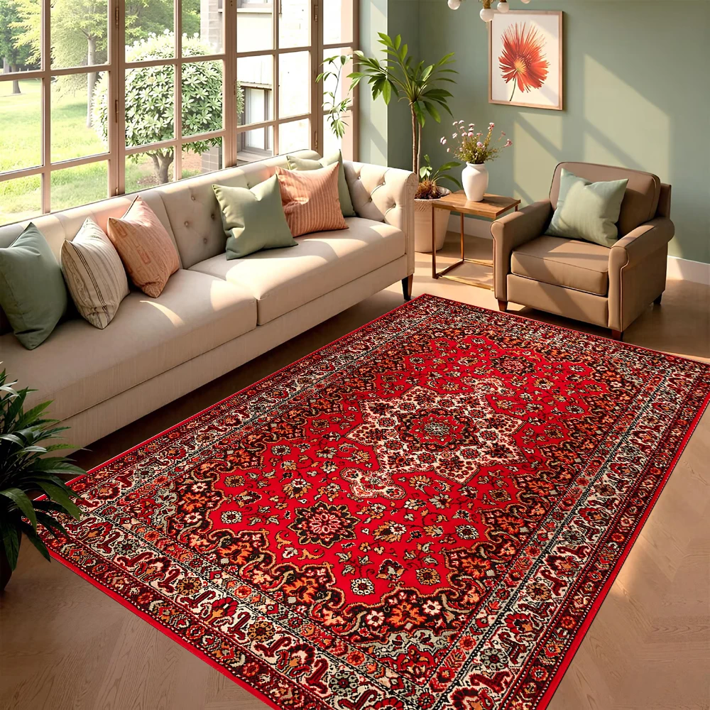 Retro roter Perserteppich, abstrakter Ornamentteppich, orientalischer böhmischer Teppich für Wohnzimmer, Schlafzimmer, rutschfeste Bodenmatte Image