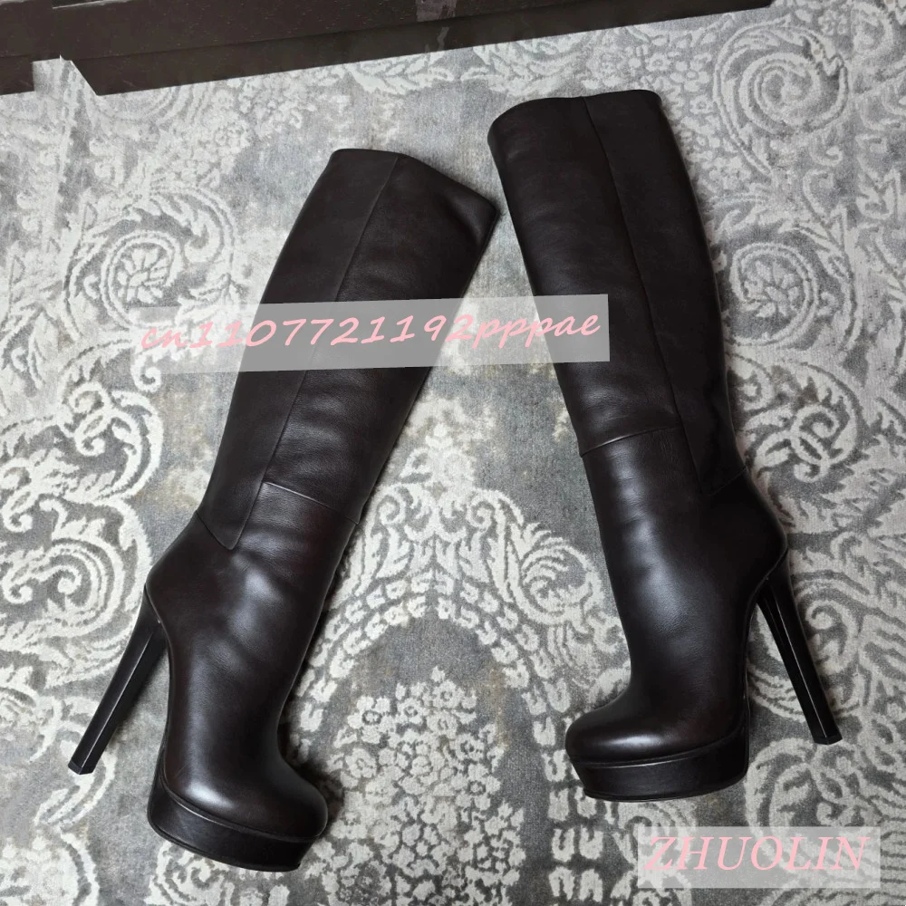 Herbst Neue Vintage Leder Kniehohe Stiefel Runde Kappe Stiletto Ferse Slip-On Dicken Sohlen Stiefel Mode Party moderne Stiefel Frauen