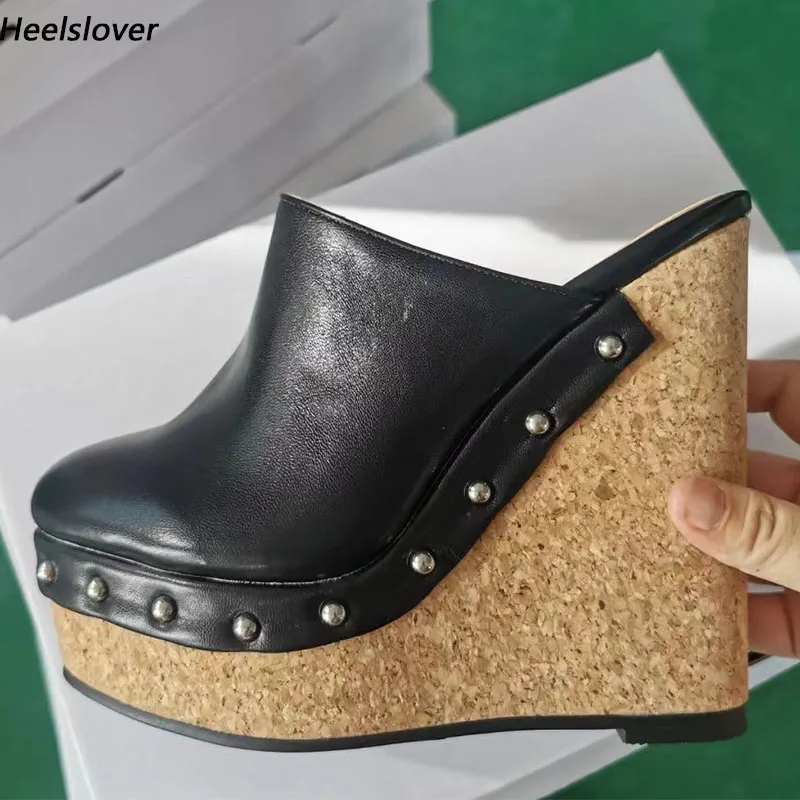 Ahhlsion Neue Mode Frauen Plattform Maultiere Pumpen Sexy Nieten Keile Heels Runde Kappe Klassische Schwarz Party Schuhe UNS Plus Größe 5-20