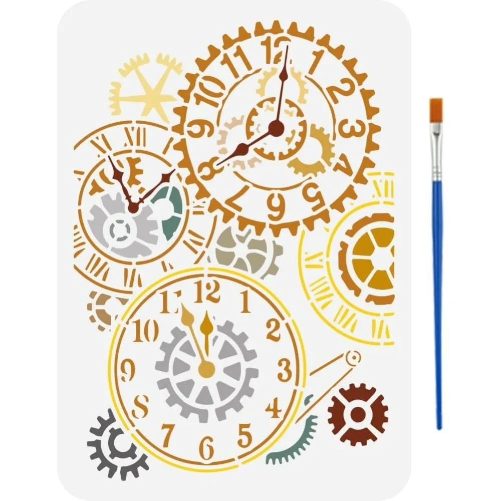 Gear Clock Schablonen mit einem Pinsel 11,7 x 8,3 Zoll Steampunk Gear Pattern Schablonen Kreative Clock Schablonen Retro Gea